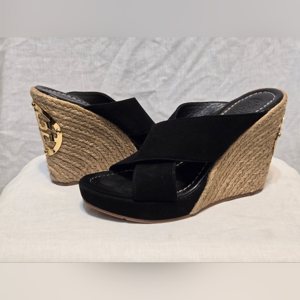 Tory Burch Bailey Wedge Sandals Black Suede Leather Espadrile Mules Women Sz 5.5